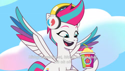 Size: 3072x1727 | Tagged: safe, screencap, zipp storm, pegasus, pony, g5, icy prints, my little pony: tell your tale, spoiler:g5, spoiler:my little pony: tell your tale, spoiler:tyts02e01, banana, drink, female, flying, food, headphones, indonesian, mare, open mouth, open smile, smiling, smoothie, solo, spread wings, subtitles, wings