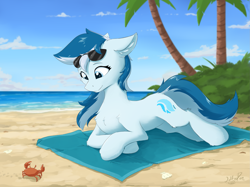 Size: 2275x1705 | Tagged: safe, artist:wolfypon, oc, oc only, oc:serene dive, crab, earth pony, pony, beach, belly, cheek fluff, chest fluff, cloud, eyelashes, female, leg fluff, mare, ocean, palm tree, signature, smiling, solo, sunglasses, sunglasses on head, towel, tree, water