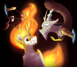 Size: 2188x1900 | Tagged: safe, artist:gosha305, daybreaker, discord, alicorn, draconequus, pony, g4, armor, curved horn, dark background, discord being discord, duo, female, fire, floating, folded wings, food, frown, gradient background, gritted teeth, horn, male, mane of fire, mare, marshmallow, missing accessory, mundane utility, portal, roasted marshmallow, simple background, smiling, stick, teeth, trolling, wings