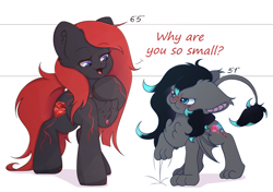 Size: 1700x1200 | Tagged: safe, artist:eventseem, oc, oc only, oc:obsidian blossom, bat pony, crystal pony, earth pony, pony, angry, bat pony oc, blushing, crystal, duo, explain your smolness, female, floppy ears, mare, open mouth, red and black oc, simple background, smol, text, white background