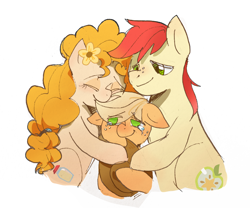 Size: 2828x2355 | Tagged: safe, artist:pipicangshuya32397, artist:皮了个鼠, applejack, bright mac, pear butter, earth pony, pony, g4, applejack's parents, crying, cute, father and child, father and daughter, female, filly, filly applejack, foal, freckles, high res, hug, husband and wife, jackabetes, male, mare, mother and child, mother and daughter, ship:brightbutter, shipping, simple background, stallion, straight, white background, younger
