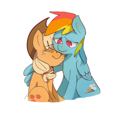 Size: 2705x2654 | Tagged: safe, artist:pipicangshuya32397, artist:皮了个鼠, applejack, rainbow dash, earth pony, pegasus, pony, g4, cute, dashabetes, female, high res, hug, jackabetes, lesbian, mare, ship:appledash, shipping, simple background, white background, winghug, wings