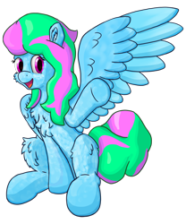 Size: 1800x2160 | Tagged: safe, artist:callichrome, oc, oc only, unnamed oc, pegasus, pony, 2024 community collab, derpibooru community collaboration, chest fluff, coat markings, dappled, female, fluffy, pegasus oc, simple background, smiling, solo, transparent background, waving, wings