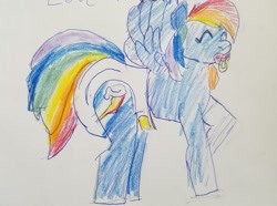 Size: 877x653 | Tagged: safe, artist:neapolitan1995, rainbow dash, pegasus, pony, g4, adult foal, colored pencil drawing, colored sketch, cute, diaper, diaper fetish, diapered, drawing, eyes closed, female, fetish, happy, mare, non-baby in diaper, pacifier, pencil drawing, poofy diaper, raised leg, sketch, solo, traditional art