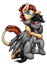 Size: 3342x4603 | Tagged: safe, artist:erie takagi, oc, oc only, oc:erie takagi, oc:trigger_blow, pegasus, pony, 2024 community collab, derpibooru community collaboration, cute, duo, duo male and female, female, hug, looking at you, male, pegasus oc, simple background, sitting, transparent background, wings