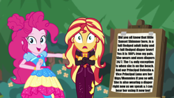 Size: 1920x1080 | Tagged: safe, edit, edited screencap, screencap, pinkie pie, sunset shimmer, human, equestria girls, equestria girls specials, g4, my little pony equestria girls: better together, my little pony equestria girls: sunset's backstage pass, abdl, accessory, belt, bush, canvas, clothes, diaper, diaper fetish, dress, exclamation point, eyebrows, eyelashes, eyes open, fetish, flower, forest, geode of empathy, geode of sugar bombs, hair bun, happy, impact font, implied diaper, implied diaper fetish, implied princess celestia, implied princess luna, implied principal celestia, implied vice principal luna, imported from twibooru, jacket, leather, leather jacket, leather pants, looking, looking at you, magical geodes, music festival outfit, nature, non-baby in diaper, open mouth, outdoors, outfit, pants, shirt, sign, symbol, t-shirt, template, text, text edit, tree, wall of tags, wristband