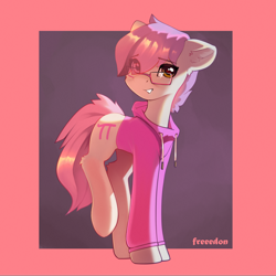 Size: 3000x3000 | Tagged: safe, artist:freeedon, oc, oc only, oc:kiki strawberries, earth pony, pony, clothes, ear fluff, earth pony oc, eye clipping through hair, eyebrows, eyebrows visible through hair, femboy, glasses, high res, hoodie, looking at you, male, smiling, smiling at you, solo, stallion