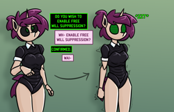 Size: 2438x1571 | Tagged: safe, artist:moonatik, oc, oc only, oc:timetable, robot, robot pony, unicorn, anthro, abstract background, anthro oc, dialogue, mind control, roboticization, sequence, solo