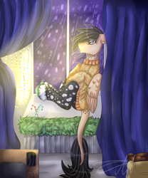 Size: 5000x6000 | Tagged: safe, artist:deadsmoke, oc, oc only, oc:anastasiy, pegasus, bed, bedroom, candy, candy cane, clothes, computer, curtains, food, garland, laptop computer, pants, phone, room, sad, sadness, snow, snowfall, socks, solo, sweater, table, tattoo, window, winter
