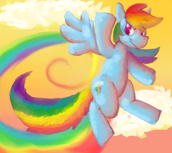 Size: 1292x1147 | Tagged: safe, artist:yellowcoatrobot, rainbow dash, pegasus, pony, g4, female, flying, mare, rainbow trail, raised hoof, smiling, smirk, solo