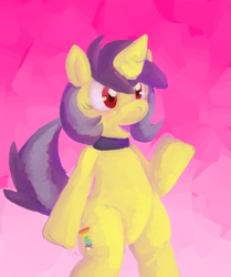 Size: 1111x1330 | Tagged: safe, artist:yellowcoatrobot, oc, oc only, oc:shimmer spark, pony, unicorn, bipedal, choker, open mouth, raised hoof, smiling, solo