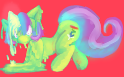 Size: 2746x1698 | Tagged: safe, artist:yellowcoatrobot, oc, oc only, oc:shimmer spark, pony, unicorn, glowing, glowing horn, high res, horn, melting, red background, simple background, solo, wide eyes