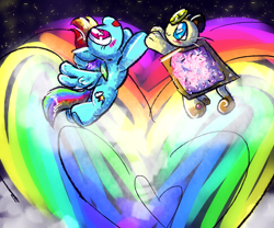 Size: 2584x2152 | Tagged: safe, artist:yellowcoatrobot, rainbow dash, meowth, pegasus, pony, g4, duo, female, flying, heart, high res, mare, nyan cat, open mouth, open smile, pokémon, rainbow trail, smiling