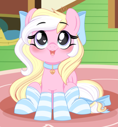 Size: 1769x1906 | Tagged: safe, artist:emberslament, oc, oc only, oc:bay breeze, pegasus, pony, blushing, bow, clothes, collar, cute, female, hair bow, happy, heart, heart eyes, looking at you, looking up, looking up at you, mare, ocbetes, open mouth, pegasus oc, sitting, socks, solo, striped socks, tail, tail bow, wingding eyes