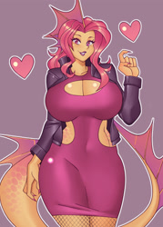 Size: 2500x3500 | Tagged: safe, artist:nauth, oc, oc only, oc:fermata, dragon, human, humanoid, hybrid, siren, anthro, big breasts, breasts, celestia's dragon breeding program, clothes, commission, disguise, disguised siren, dress, egg, female, hatching, high res, huge breasts, humanized, interspecies offspring, jacket, offspring, parent:adagio dazzle, parent:spike, parents:adagiospike, solo