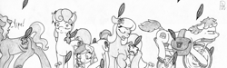 Size: 2272x684 | Tagged: safe, artist:perpendicular white, daisy, flower wishes, lily, lily valley, pokey pierce, roseluck, oc, oc:prancy palate, pony, series:rubber flood, g4, assimilation, bicycle, delivery pony, dialogue, feather, fetish, flower, flower in hair, flower trio, implied rainbow dash, rubber drone, shrunken pupils, simple background, traditional art, white background