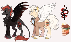Size: 1280x758 | Tagged: safe, artist:wanderingpegasus, angel, angel pony, demon, demon pony, original species, pegasus, pony, anthony j. crowley, aziraphale, clothes, crossover, duo, good omens, leonine tail, male, ponified, simple background, stallion, tail