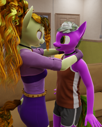 Size: 1080x1350 | Tagged: safe, artist:stellarator, adagio dazzle, oc, oc:peach cobbler, oc:smoothie, anthro, unguligrade anthro, comic:we will be adored, comic:we will be adored part 44, g4, 3d, blender, blender cycles, canon x oc, collar, cycles render, looking at each other, looking at someone, not sfm