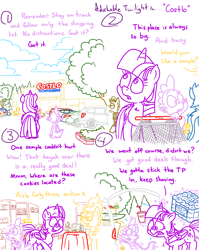 Size: 4779x6013 | Tagged: safe, artist:adorkabletwilightandfriends, minuette, spike, twilight sparkle, oc, alicorn, comic:adorkable twilight and friends, g4, adorkable, adorkable twilight, automobile, car, cloud, comic, costco, cute, dork, drink, fort vanhoover, funny, happy, humor, kayak, parking lot, rear view, sale, sample, shopping, shopping cart, shoving, slice of life, smiling, store, toilet paper, trunk, twilight sparkle (alicorn)