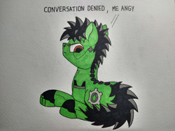 Size: 4000x3000 | Tagged: safe, artist:zocidem, oc, oc:wrench, earth pony, pony, angry, augmented, drawing, earth pony oc, looking at you, lying down, male, male oc, no shading, simple background, solo, speech bubble, stallion, stallion oc, traditional art