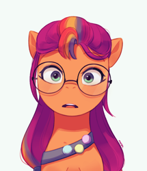 Size: 2800x3263 | Tagged: safe, artist:maren, sunny starscout, earth pony, pony, g5, cute, eyebrows, eyebrows visible through hair, female, frown, glasses, high res, looking at you, mane stripe sunny, mare, meganekko, open mouth, pins, signature, simple background, solo, sunnybetes, white background