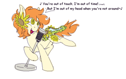 Size: 1208x762 | Tagged: safe, artist:skookz, oc, oc only, oc:thursday, earth pony, pony, earth pony oc, female, flower, flower in hair, hall & oates, hoof hold, leg hold, looking away, looking up, mare, microphone, microphone stand, open mouth, out of touch, raised leg, simple background, singing, smiling, solo, song reference, speech bubble, sunflower, turned head, weekday ponies, white background, wingding eyes