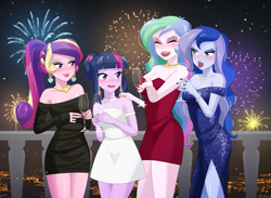 Size: 1125x825 | Tagged: safe, alternate version, artist:riouku, dean cadance, princess cadance, princess celestia, princess luna, principal celestia, twilight sparkle, vice principal luna, human, equestria girls, g4, alicorn tetrarchy, bare shoulders, bedroom eyes, blushing, celestia is amused, choker, clothes, cup, dress, drunk, drunklestia, ear piercing, earring, evening dress, eyeshadow, female, fireworks, group, happy new year, happy new year 2024, holiday, jewelry, lipstick, luna is not amused, makeup, nail polish, nervous, open mouth, piercing, quartet, side slit, smiling, twilight is amused, twilight sparkle (alicorn), unamused