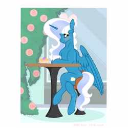 Size: 6890x6890 | Tagged: safe, artist:riofluttershy, oc, oc only, oc:fleurbelle, alicorn, semi-anthro, alicorn oc, blushing, bow, cake, chair, coffee, coffee mug, concave belly, crossed legs, female, flower, food, hair bow, horn, large wings, mare, mug, partially open wings, ponies sitting like humans, sitting, slender, smiling, solo, sternocleidomastoid, table, thin, window, wings, yellow eyes