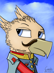 Size: 1248x1680 | Tagged: safe, artist:hno3, oc, oc only, oc:grover vii, griffon, equestria at war mod, equestria rises still (equestria at war submod), bust, clothes, facial hair, gradient background, male, medal, moustache, portrait, uniform