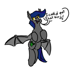 Size: 602x580 | Tagged: safe, artist:dinexistente, oc, oc only, oc:firestarter, bat pony, dialogue, flying, simple background, solo, white background