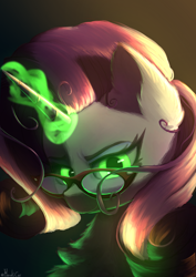 Size: 2806x3969 | Tagged: safe, artist:harukiicat, rarity, pony, unicorn, g4, inspiration manifestation, bust, female, glasses, glowing, glowing eyes, glowing horn, green magic, high res, horn, inspirarity, looking at you, magic, magic aura, mare, possessed, signature, solo