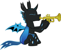 Size: 772x640 | Tagged: safe, artist:tarkan809, derpibooru exclusive, part of a set, oc, oc only, oc:w. rhinestone eyes, changeling, 2024 community collab, derpibooru community collaboration, horn, musical instrument, show accurate, simple background, solo, transparent background, trumpet, wings