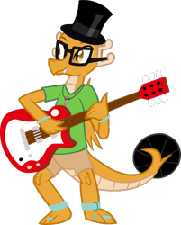 Size: 682x849 | Tagged: safe, artist:tarkan809, derpibooru exclusive, part of a set, oc, oc only, oc:myoozik the dragon, dragon, derpibooru community collaboration, bass guitar, guitar, male, musical instrument, show accurate, simple background, solo, transparent background, turntable