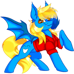 Size: 2000x2000 | Tagged: safe, artist:dankpegasista, oc, oc only, oc:aliax smily, bat pony, bat ears, bat wings, blonde, blonde mane, blonde tail, blue coat, clothes, colt, eye clipping through hair, fangs, foal, full body, heart, heart eyes, high res, highlights, long mane male, long tail, looking at you, male, messy mane, png, posing for photo, raised hoof, red shirt, shading, shiny mane, shirt, simple background, smiling, smiling at you, solo, spread wings, stallion, standing, sternocleidomastoid, tail, transparent background, wingding eyes, wings