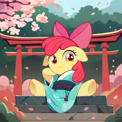 Size: 2048x2048 | Tagged: prompter needed, safe, ai assisted, ai content, apple bloom, earth pony, pony, g4, bush, cherry blossoms, clothes, female, filly, flower, flower blossom, foal, high res, hoof on cheek, kimono (clothing), looking at you, shrine, sitting, smiling, smiling at you, solo, spread legs, spreading, stairs, torii, tree