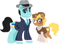Size: 2384x1800 | Tagged: safe, artist:cloudy glow, earth pony, unicorn, g4, arthur kenzie, clothes, dressed, duo, duo male, glasses, handsome, hat, male, necktie, rory brodigan, simple background, smiling, stallion, suit, transparent background