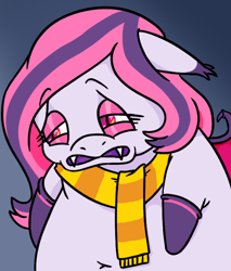 Size: 600x705 | Tagged: safe, artist:jargon scott, oc, oc only, oc:arrhythmia, bat pony, pony, belly button, clothes, eyeshadow, fangs, fat, female, floppy ears, gradient background, makeup, mare, open mouth, sad, scarf, socks, solo, striped scarf