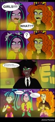 Size: 683x1497 | Tagged: safe, artist:jenna56, adagio dazzle, aria blaze, sonata dusk, comic:equestria world (jenna56), equestria girls, g4, 4 panel comic, comic, dialogue, disguise, disguised siren, female, male, the dazzlings