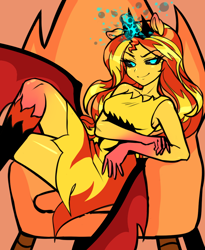 Size: 900x1100 | Tagged: safe, artist:rileyav, sunset shimmer, demon, equestria girls, g4, bat wings, boots, clothes, crown, dress, jewelry, looking at you, regalia, shoes, sitting, smiling, solo, sunset satan, throne, wings