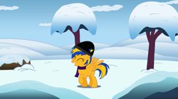 Size: 1133x628 | Tagged: safe, artist:mlpfan3991, oc, oc only, oc:flare spark, pegasus, pony, g4, clothes, eyes closed, hat, scarf, smiling, snow, solo, winter, winter hat