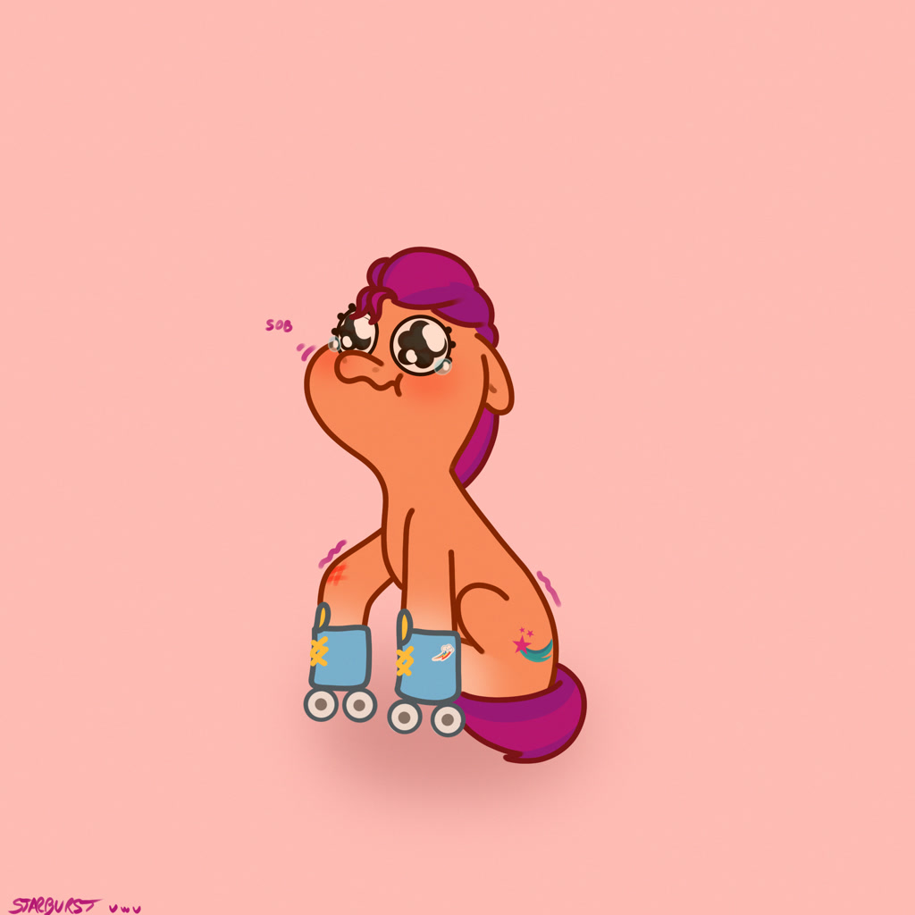 [crying,cute,earth pony,floppy ears,g5,high res,injured,learning,pony,roller skates,sad,safe,simple background,skates,pink background,sobbing,tears of pain,teary eyes,sadorable,sunnybetes,sunny starscout,artist:starburstuwu]