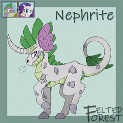 Size: 2050x2050 | Tagged: safe, artist:feltedforestart, rarity, spike, oc, oc:nephrite, dracony, hybrid, pony, unicorn, g4, curved horn, female, high res, horn, interspecies offspring, long horn, male, offspring, older, older spike, parent:rarity, parent:spike, parents:sparity, screencap reference, ship:sparity, shipping, signature, solo, straight