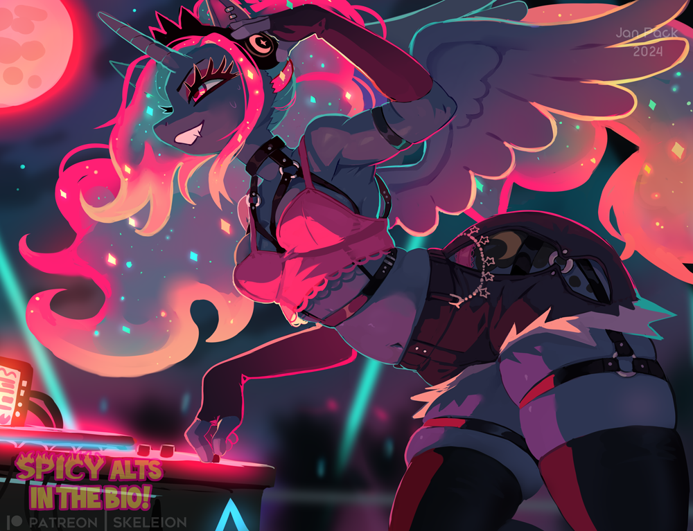 [alicorn,anthro,belly button,breasts,clothes,fingerless gloves,g4,gloves,headphones,moon,princess luna,safe,socks,stockings,teeth,thigh highs,wrong eye color,garter belt,gritted teeth,full moon,blood moon,long gloves,artist:skeleion]