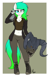 Size: 1753x2716 | Tagged: safe, artist:ponynamedmixtape, derpibooru exclusive, oc, oc only, oc:gumdrop, deathclaw, anthro, belly button, fallout, female, gun, injured, midriff, solo, weapon