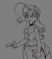 Size: 1070x1211 | Tagged: safe, artist:tabuley, rarity, unicorn, anthro, g4, bikini, breasts, busty rarity, choker, cleavage, clothes, female, glasses, glock, gray background, grayscale, gun, handgun, lidded eyes, mare, monochrome, pistol, simple background, solo, swimsuit, weapon