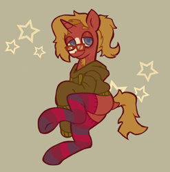 Size: 2028x2052 | Tagged: safe, artist:catponything, oc, oc only, oc:triage, unicorn, clothes, glasses, high res, hoodie, male, socks, solo, stallion, striped socks