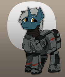 Size: 1652x1971 | Tagged: safe, derpibooru exclusive, oc, oc:cormorant, unicorn, fallout equestria, armor, female, power armor, solo, steel ranger