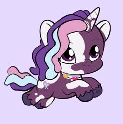 Size: 1351x1360 | Tagged: safe, artist:amynewblue, violette rainbow, pony, unicorn, g5, dreadlocks, female, filly, foal, horn, jewelry, lavender background, looking up, necklace, simple background, smiling, solo, tail, unshorn fetlocks, vitiligo