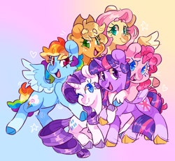 Size: 2048x1896 | Tagged: safe, artist:cocopudu, applejack, fluttershy, pinkie pie, rainbow dash, rarity, twilight sparkle, alicorn, earth pony, pegasus, pony, unicorn, g4, beanbrows, cloven hooves, colored pupils, eyebrows, eyebrows visible through hair, female, gradient background, hug, looking at you, mane six, mare, open mouth, open smile, smiling, smiling at you, twilight sparkle (alicorn)