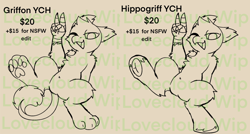 Size: 1548x832 | Tagged: safe, artist:bluemoon, oc, griffon, hippogriff, pony, belly button, chest fluff, commission, featureless crotch, fluffy, griffon oc, hippogriff oc, looking at you, one eye closed, paws, peace sign, talons, underhoof, underpaw, wink, winking at you, ych sketch, your character here
